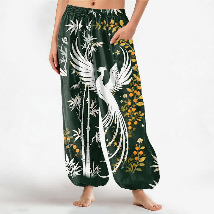 Buddha Stones Pantalon harem pour femme en coton à motif de fleurs de bambou et de grues, taille élastique et poches latérales - Vert foncé - US16，UK/AU20，EU48 (3XL) - image 0