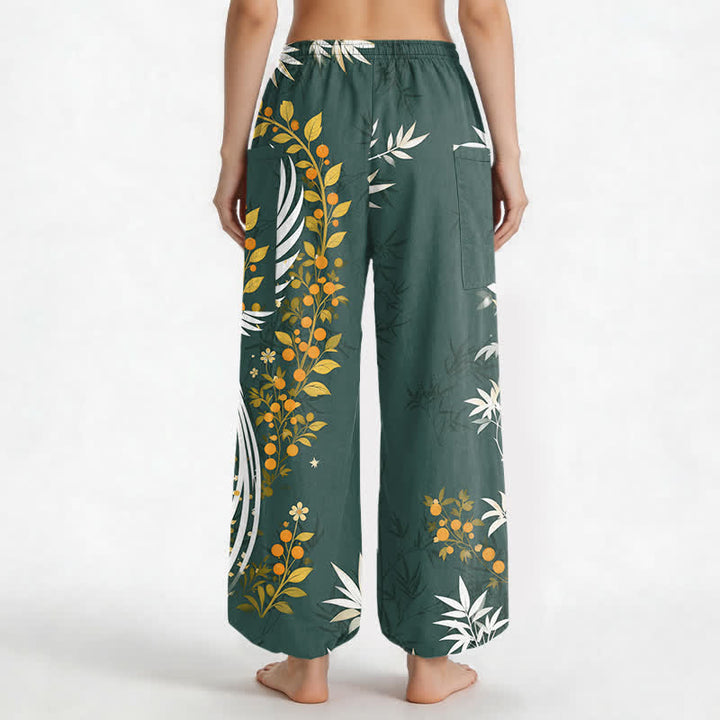 Buddha Stones Pantalon harem pour femme en coton à motif de fleurs de bambou et de grues, taille élastique et poches latérales - image 9