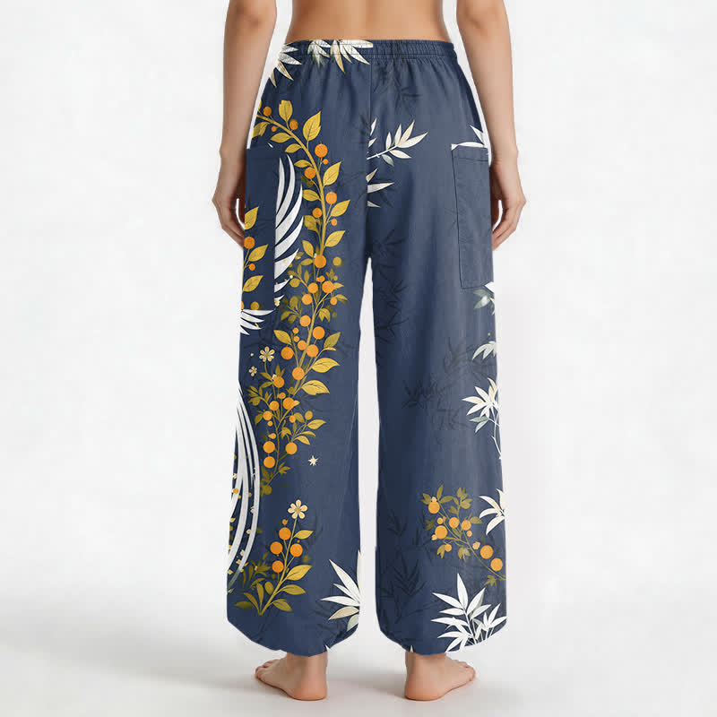 Buddha Stones Pantalon harem pour femme en coton à motif de fleurs de bambou et de grues, taille élastique et poches latérales - image 12