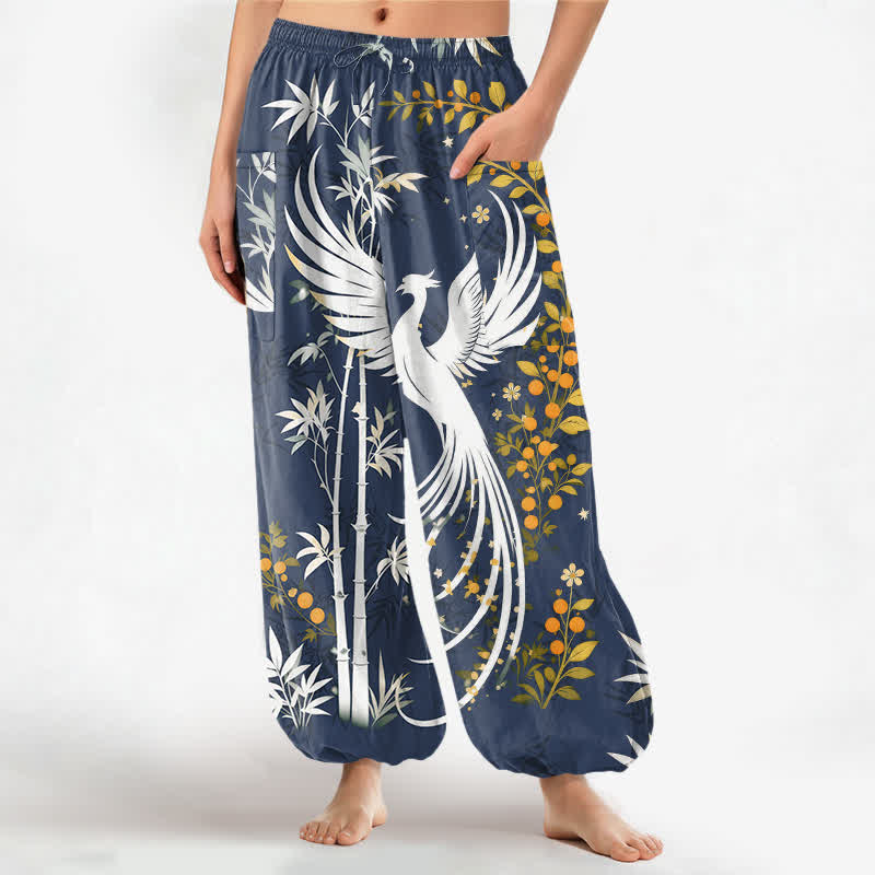 Buddha Stones Pantalon harem pour femme en coton à motif de fleurs de bambou et de grues, taille élastique et poches latérales - SteelBlue - US16，UK/AU20，EU48 (3XL) - image 10
