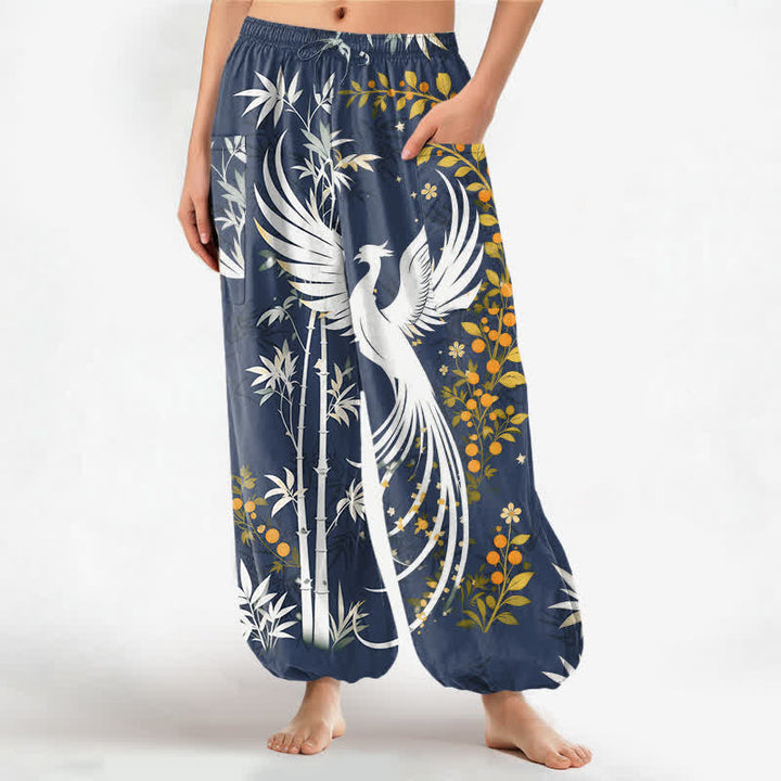 Buddha Stones Pantalon harem pour femme en coton à motif de fleurs de bambou et de grues, taille élastique et poches latérales - SteelBlue - US16，UK/AU20，EU48 (3XL) - image 10
