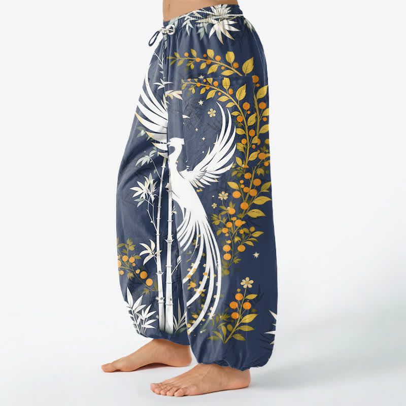 Buddha Stones Pantalon harem pour femme en coton à motif de fleurs de bambou et de grues, taille élastique et poches latérales - image 11