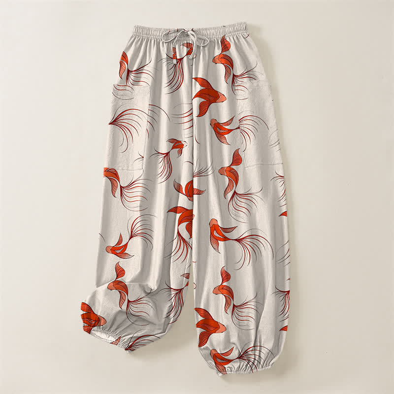 Buddha Stones Pantalon harem pour femme en coton à motif abstrait de carpes koï, taille élastique et poches latérales - image 3