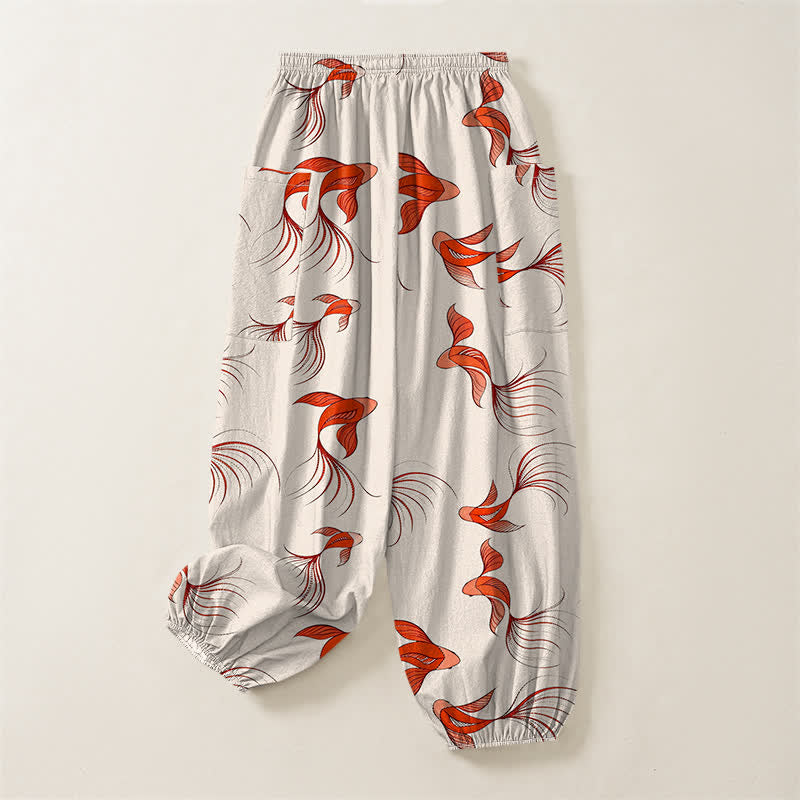 Buddha Stones Pantalon harem pour femme en coton à motif abstrait de carpes koï, taille élastique et poches latérales - image 4