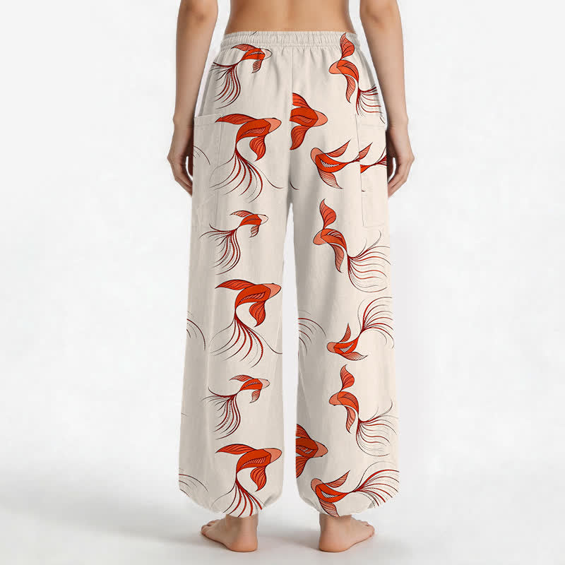 Buddha Stones Pantalon harem pour femme en coton à motif abstrait de carpes koï, taille élastique et poches latérales - image 2
