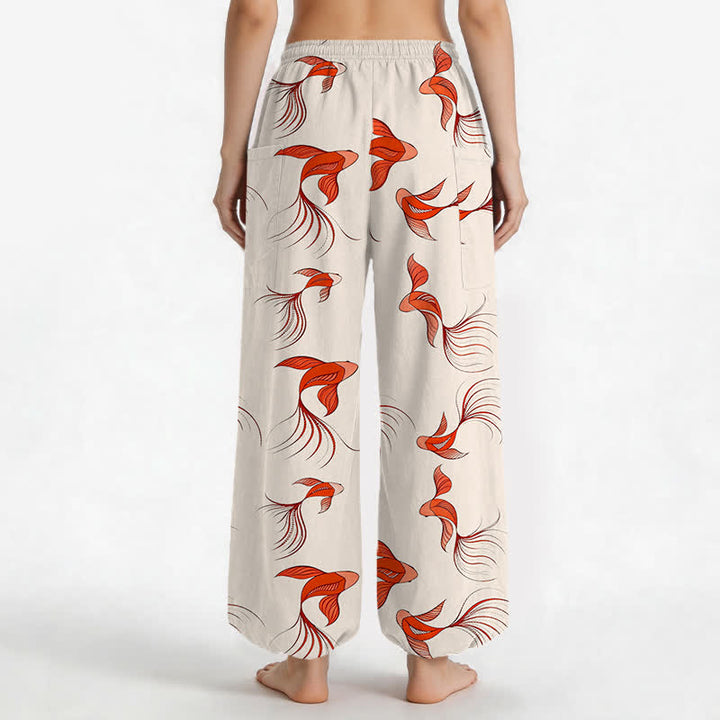 Buddha Stones Pantalon harem pour femme en coton à motif abstrait de carpes koï, taille élastique et poches latérales - image 2