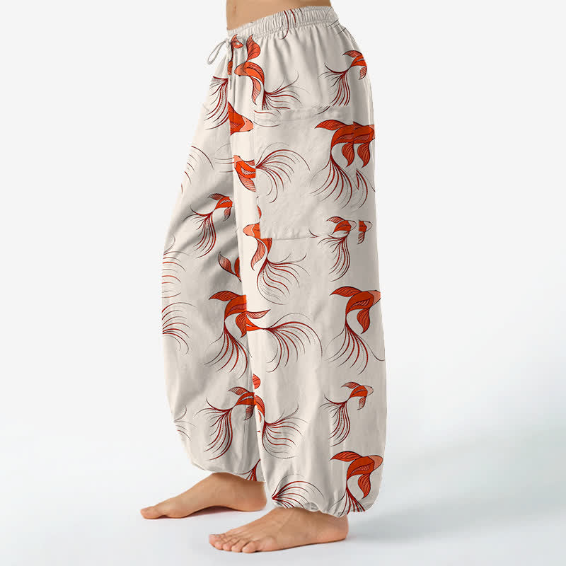 Buddha Stones Pantalon harem pour femme en coton à motif abstrait de carpes koï, taille élastique et poches latérales - image 1