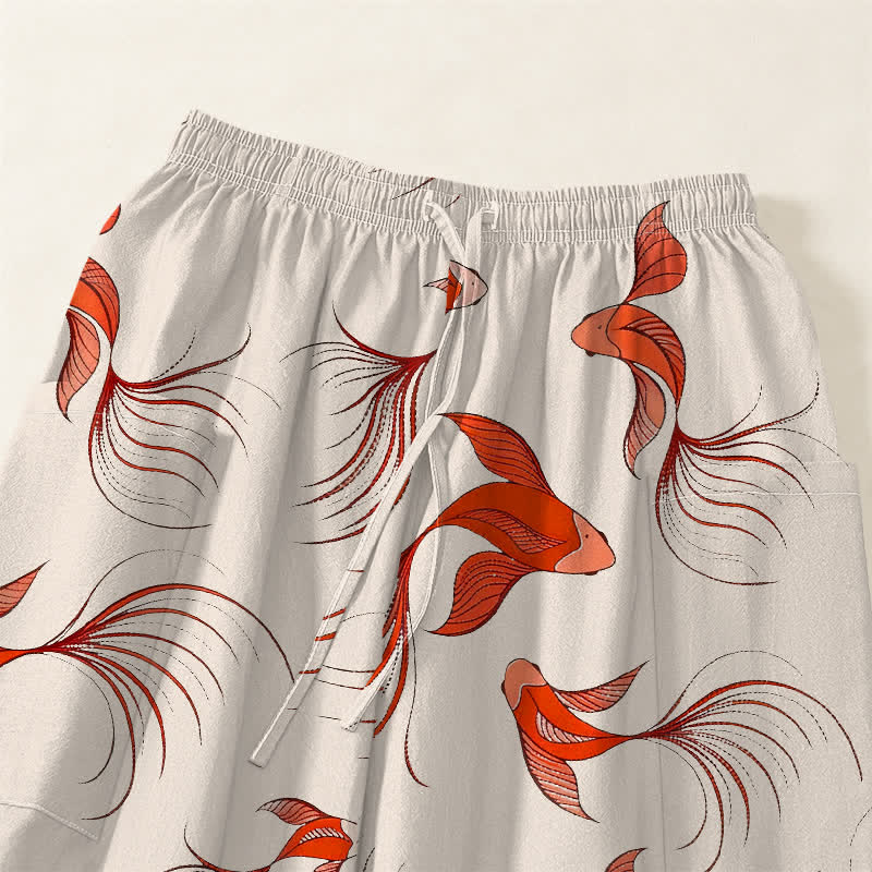 Buddha Stones Pantalon harem pour femme en coton à motif abstrait de carpes koï, taille élastique et poches latérales - image 5