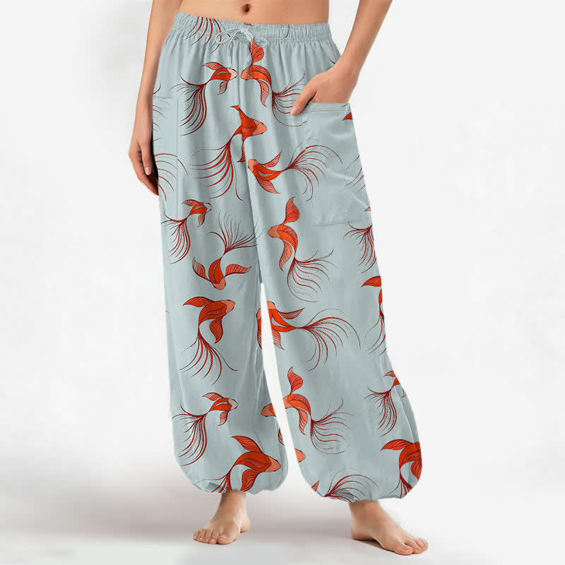 Buddha Stones Pantalon harem pour femme en coton à motif abstrait de carpes koï, taille élastique et poches latérales - Bleu poudré - US16，UK/AU20，EU48 (3XL) - image 7