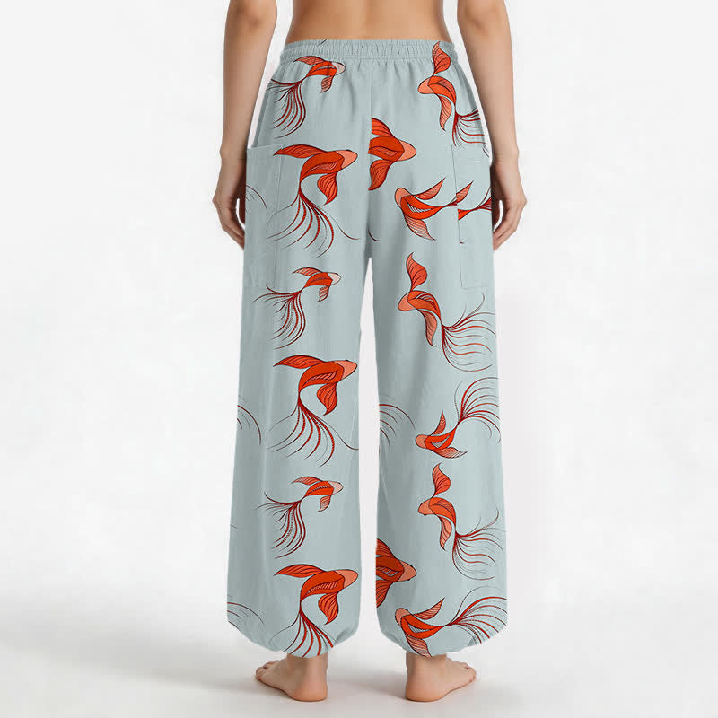 Buddha Stones Pantalon harem pour femme en coton à motif abstrait de carpes koï, taille élastique et poches latérales - image 9