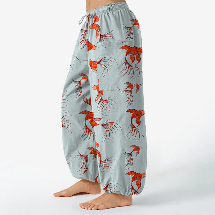 Buddha Stones Pantalon harem pour femme en coton à motif abstrait de carpes koï, taille élastique et poches latérales - image 8