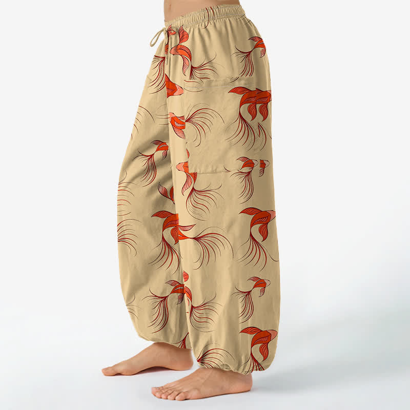 Buddha Stones Pantalon harem pour femme en coton à motif abstrait de carpes koï, taille élastique et poches latérales - image 11
