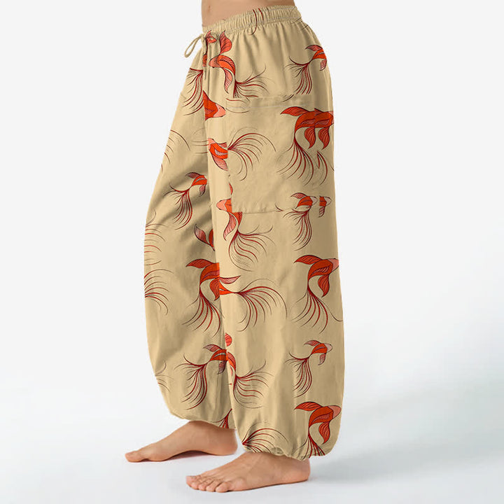 Buddha Stones Pantalon harem pour femme en coton à motif abstrait de carpes koï, taille élastique et poches latérales - image 11