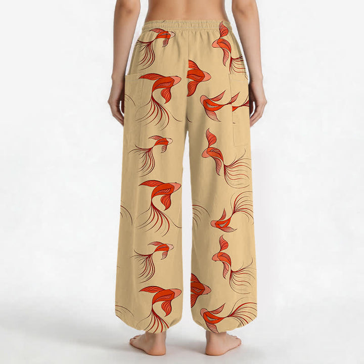 Buddha Stones Pantalon harem pour femme en coton à motif abstrait de carpes koï, taille élastique et poches latérales - image 12