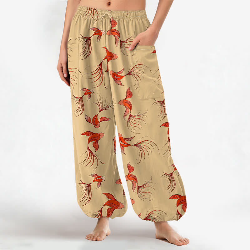 Buddha Stones Pantalon harem pour femme en coton à motif abstrait de carpes koï, taille élastique et poches latérales - Blé - US16，UK/AU20，EU48 (3XL) - image 10