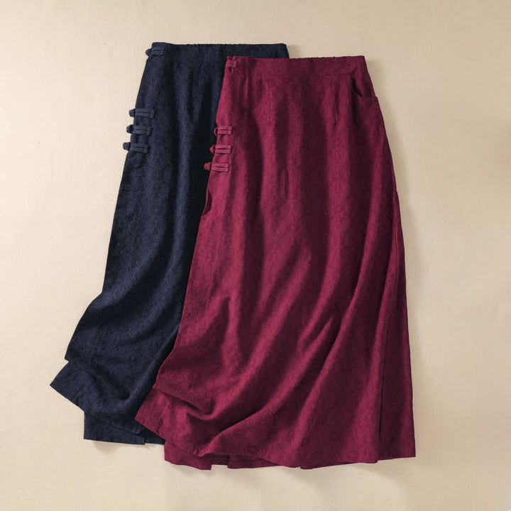 Buddha Stones Jupes pour femmes style Tang automne vintage Pankou en coton et lin uni avec poches - image 0
