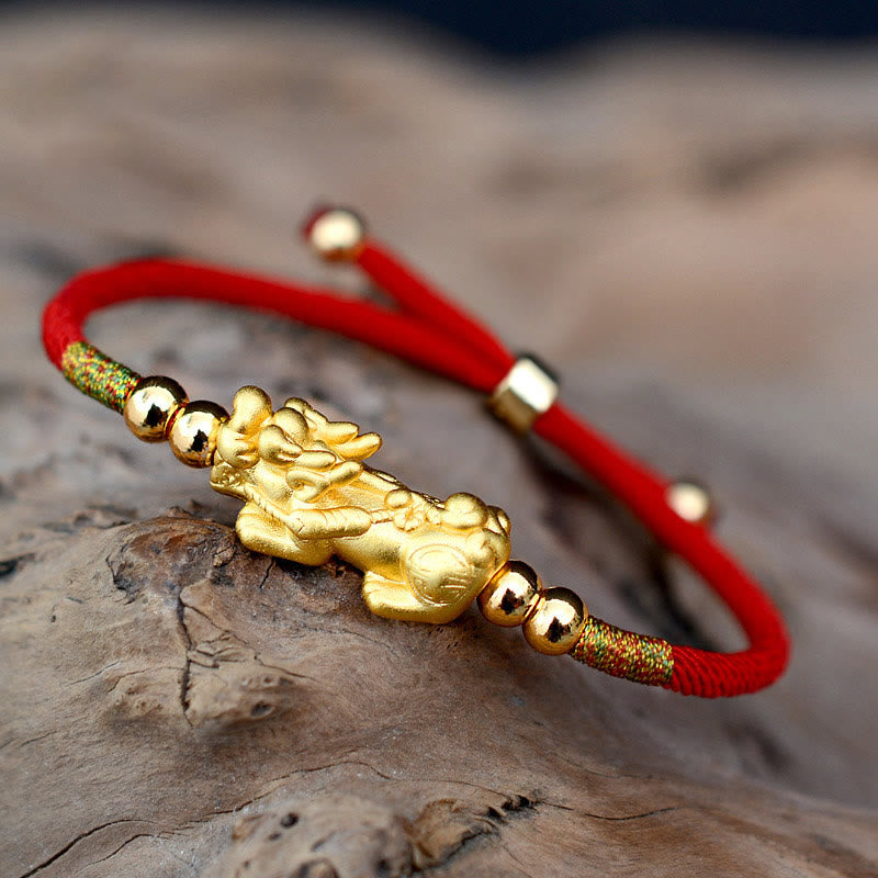 Bracelet porte-bonheur PiXiu en plaqué or 24 carats avec cordon rouge Buddha Stones - Cordon rouge (doré) (Tour de poignet 12-19 cm) - Argent sterling 999 - image 0