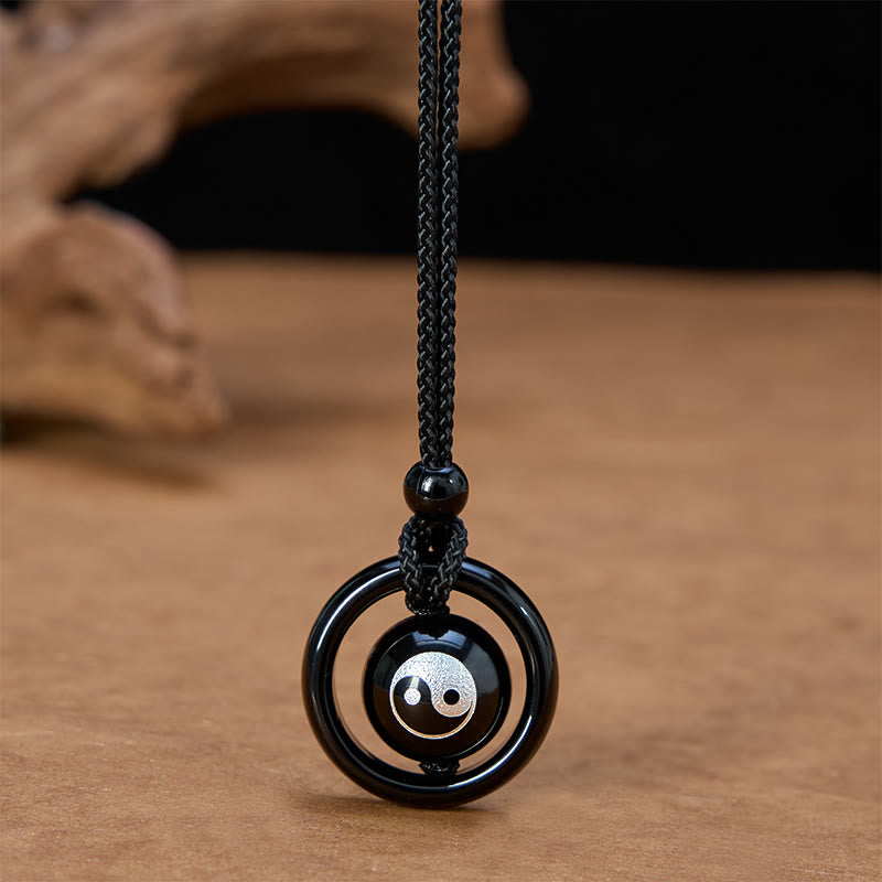 Buddha Stones Collier pendentif Yin Yang en onyx noir et obsidienne noire, équilibrant - Yin Yang (Longueur du collier : 23,6 po / 60 cm) - image 0