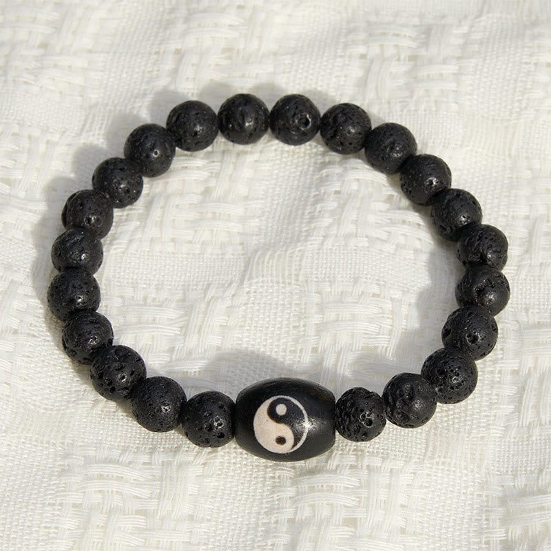 Buddha Stones Bracelet de soutien en perles Yin Yang en pierre de lave et onyx noir. - image 1