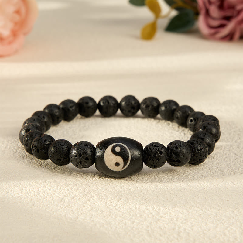 Buddha Stones Bracelet de soutien en perles Yin Yang en pierre de lave et onyx noir. - Pierre de lave (Tour de poignet : 15 à 16 cm) - image 0