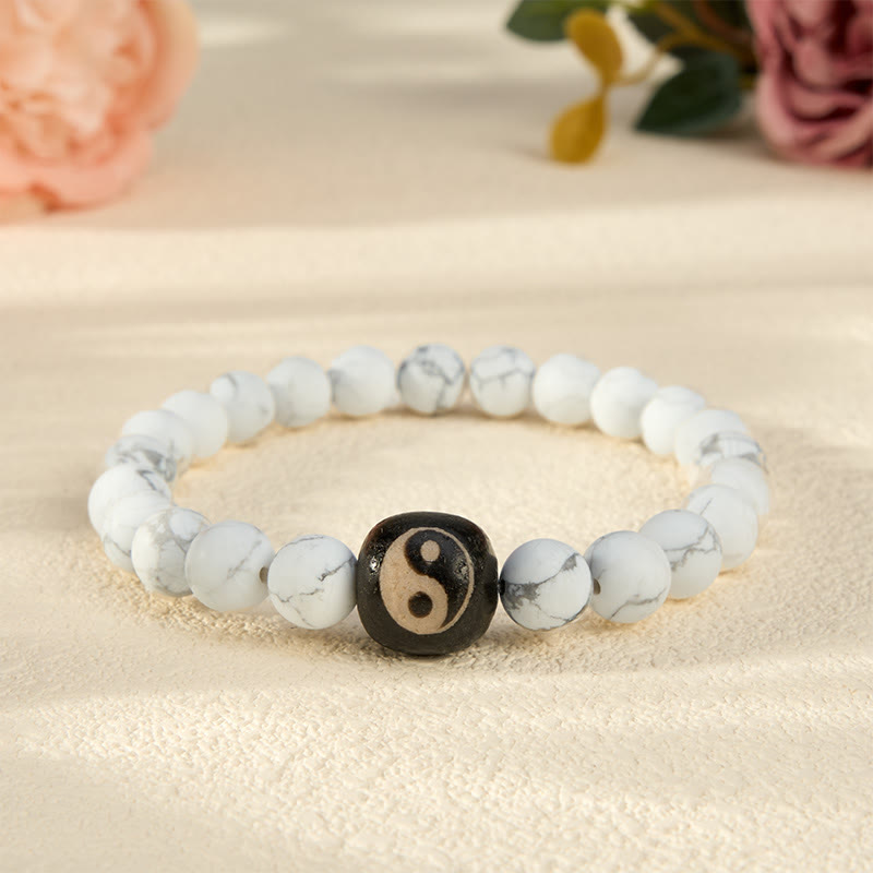 Buddha Stones Bracelet rond Yin Yang en onyx noir et turquoise blanche, orné de perles rondes. - Turquoise blanche - 5,9–6,3 pouces (15–16 cm) - image 10