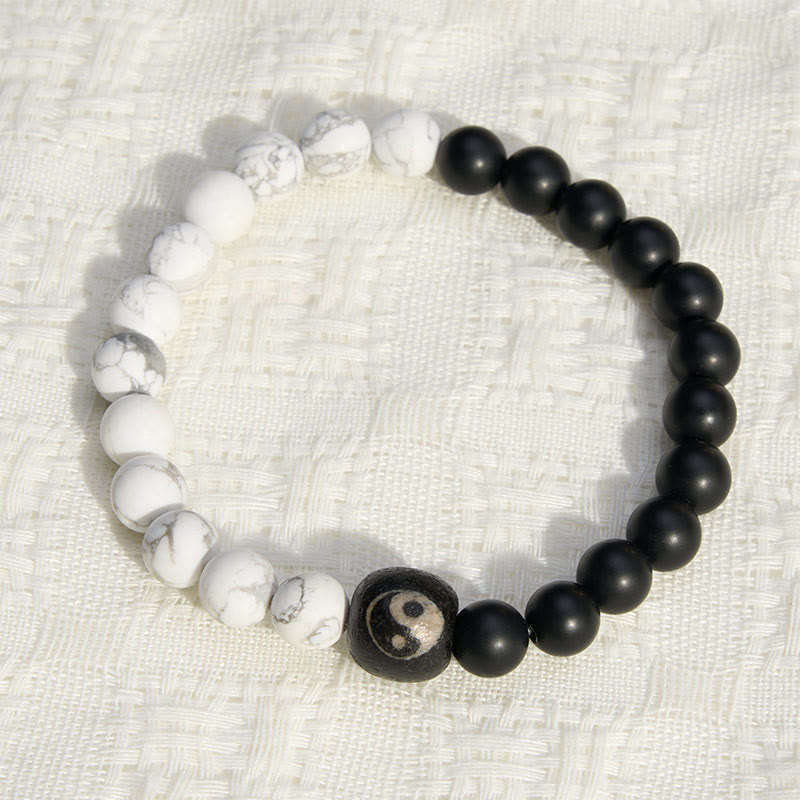 Buddha Stones Bracelet rond Yin Yang en onyx noir et turquoise blanche, orné de perles rondes. - image 1