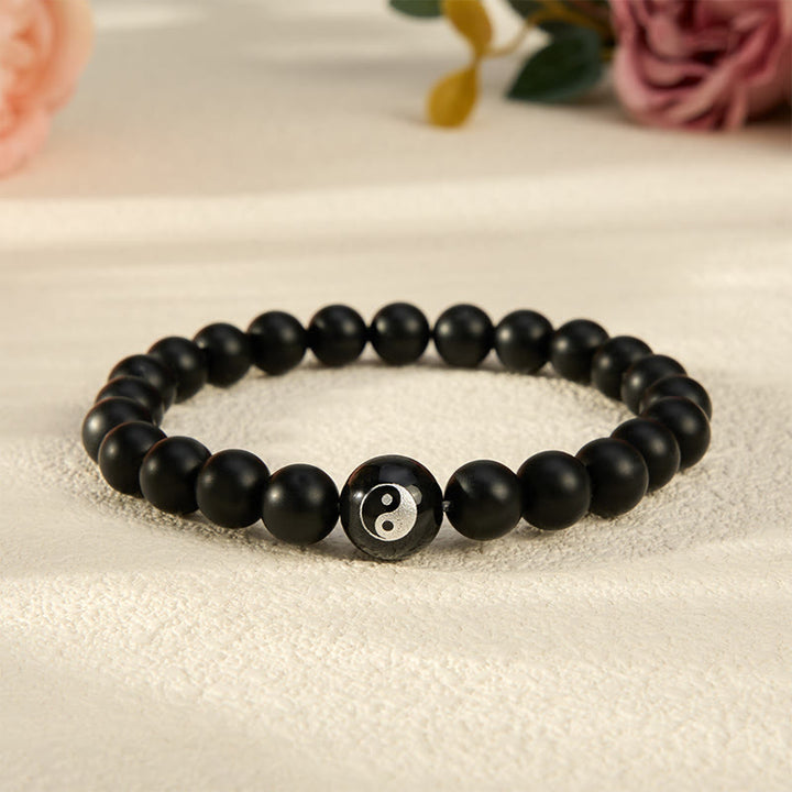 Buddha Stones Bracelet Yin Yang en perles rondes d'onyx noir, turquoise blanche et obsidienne noire. - Onyx noir - 5,9–6,3 pouces (15–16 cm) - image 0