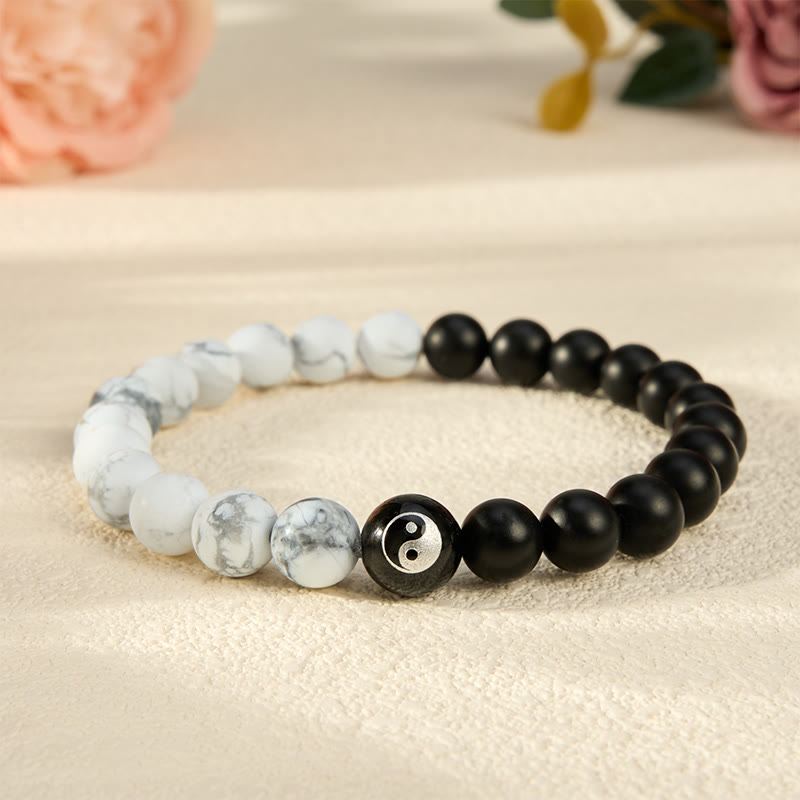 Buddha Stones Bracelet Yin Yang en perles rondes d'onyx noir, turquoise blanche et obsidienne noire. - Onyx noir et turquoise blanche - 5,9–6,3 pouces (15–16 cm) - image 17