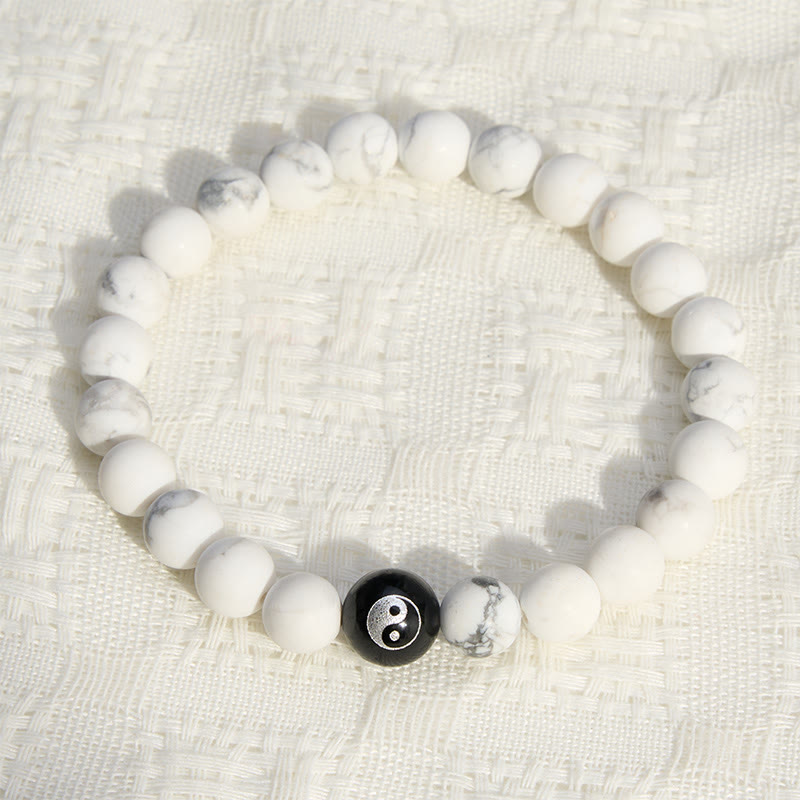 Buddha Stones Bracelet Yin Yang en perles rondes d'onyx noir, turquoise blanche et obsidienne noire. - image 12