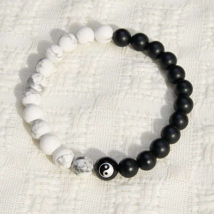 Buddha Stones Bracelet Yin Yang en perles rondes d'onyx noir, turquoise blanche et obsidienne noire. - image 18