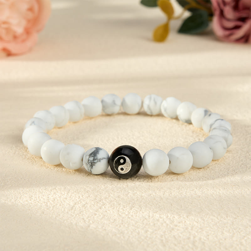 Buddha Stones Bracelet Yin Yang en perles rondes d'onyx noir, turquoise blanche et obsidienne noire. - Turquoise blanche - 5,9–6,3 pouces (15–16 cm) - image 11
