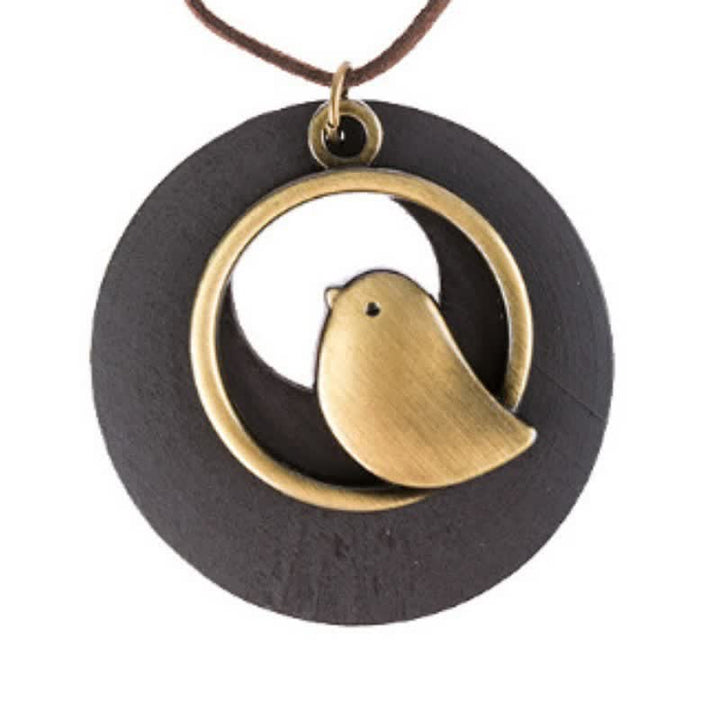 Buddha Stones Collier pendentif vintage rond en bois avec breloque oiseau -  Noir - image 4