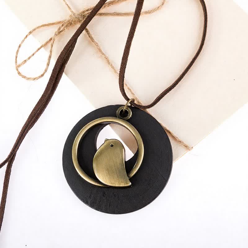 Buddha Stones Collier pendentif vintage rond en bois avec breloque oiseau - image 5