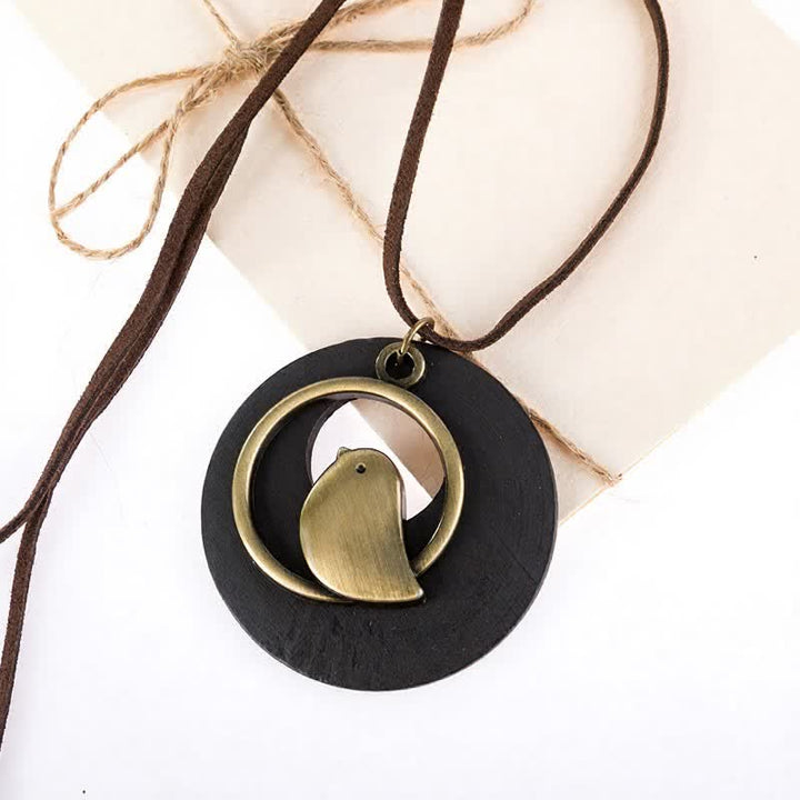 Buddha Stones Collier pendentif vintage rond en bois avec breloque oiseau - image 5