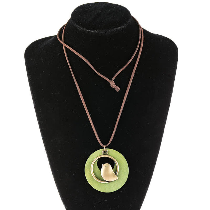 Buddha Stones Collier pendentif vintage rond en bois avec breloque oiseau - image 3