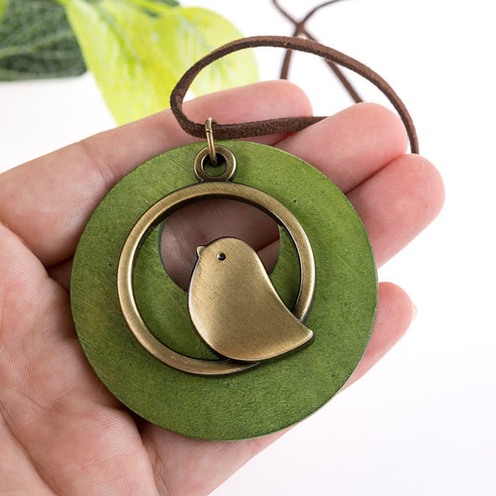 Buddha Stones Collier pendentif vintage rond en bois avec breloque oiseau - image 2