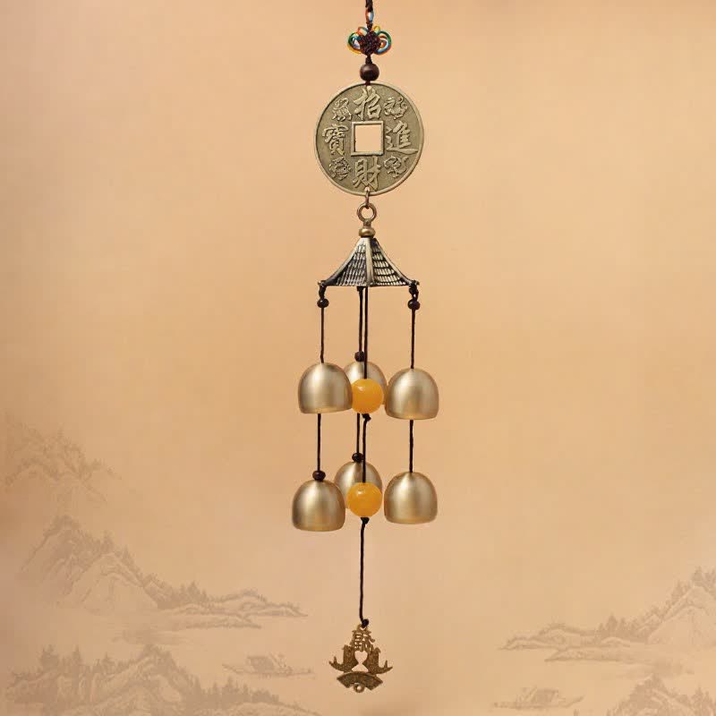 Buddha Stones Pièce de monnaie en laiton, poisson koi, pagode porte-bonheur, cloches et carillons suspendus - image 3