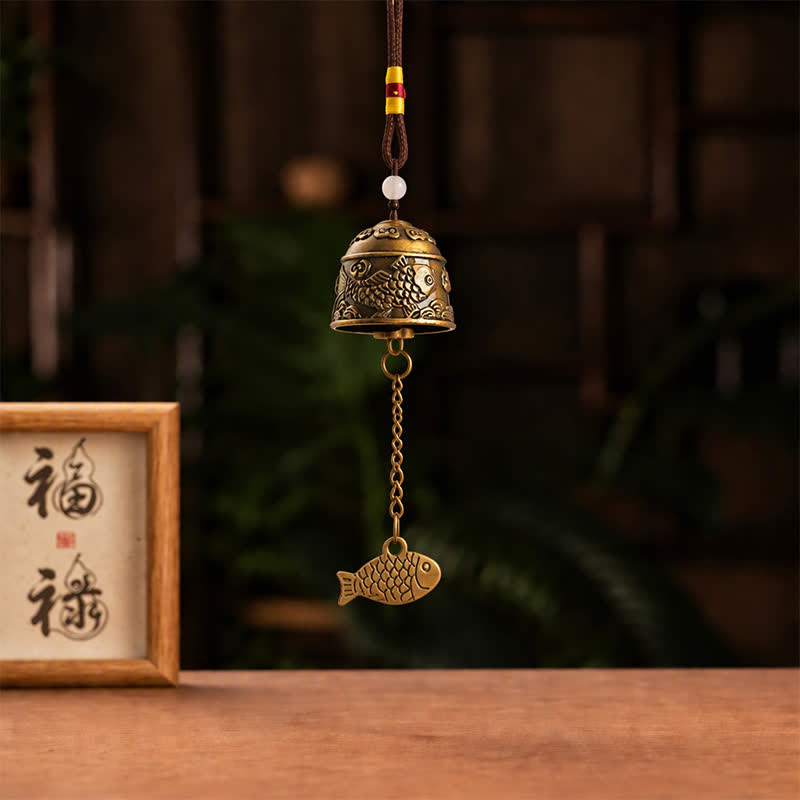 Buddha Stones Cloches et carillons porte-bonheur en forme de carillon de poisson koi à double dragon en cuivre - image 9