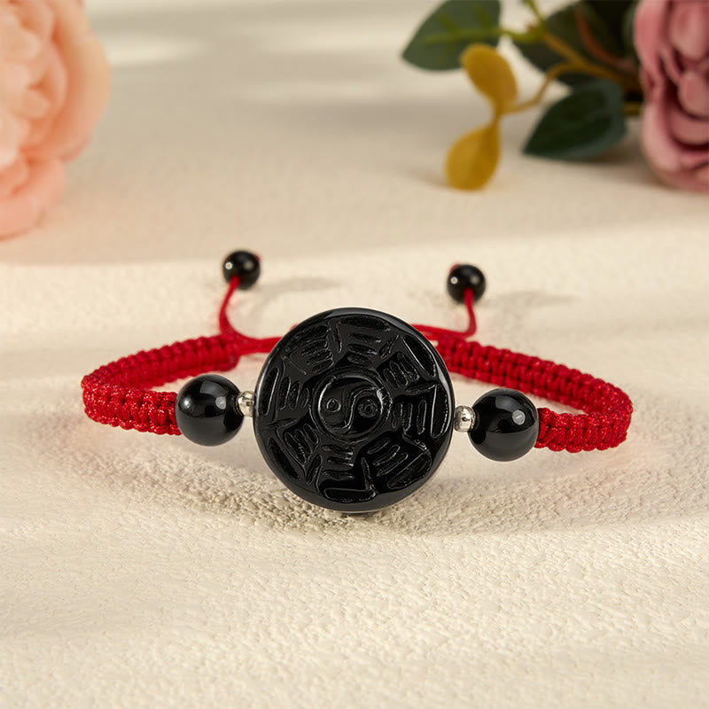 Buddha Stones Bracelet de bénédiction Bagua rond en obsidienne noire et fil rouge - image 0