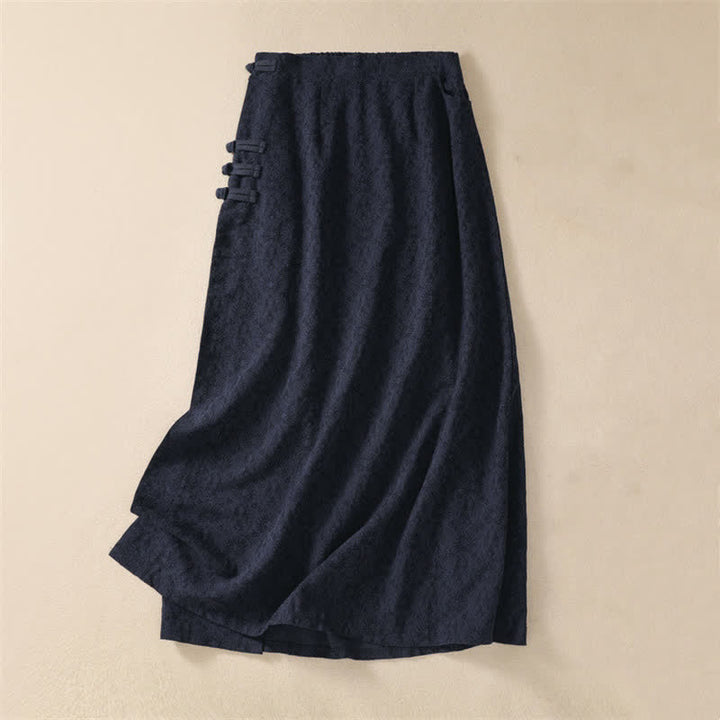 Buddha Stones Jupes pour femmes style Tang automne vintage Pankou en coton et lin uni avec poches - Bleu nuit - US6, UK/AU10, EU38 (XL) - image 11