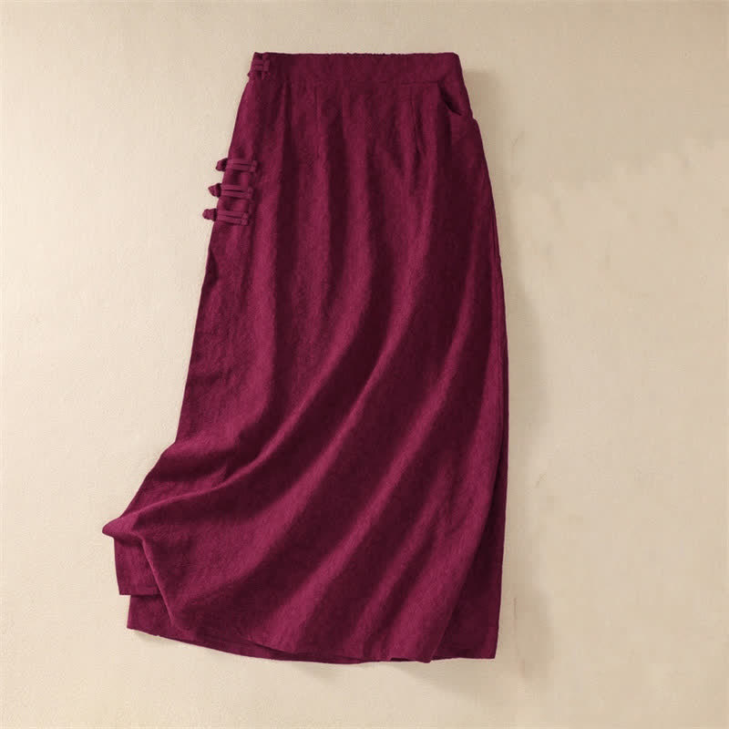 Buddha Stones Jupes pour femmes style Tang automne vintage Pankou en coton et lin uni avec poches - Bordeaux - US6, UK/AU10, EU38 (XL) - image 1
