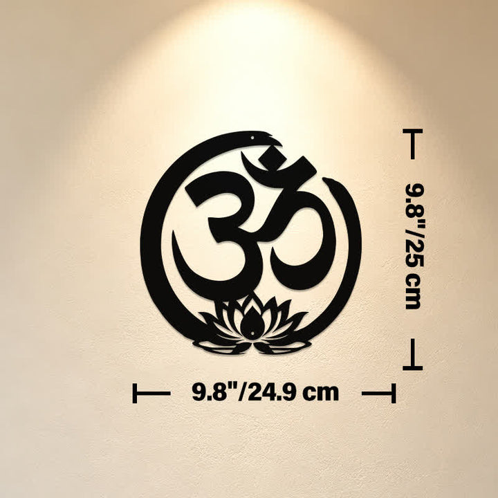 Buddha Stones Cercle de lotus sacré OM en métal, symboles significatifs, art mural - Dimensions approximatives : 24,9 cm x 25 cm x 0,1 cm / 9,80 po x 9,84 po x 0,04 po - image 2