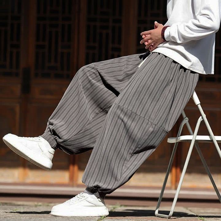 Buddha Stones Pantalon sarouel rayé court à cordon de serrage, style décontracté printemps-automne, en velours côtelé avec poches. - image 13