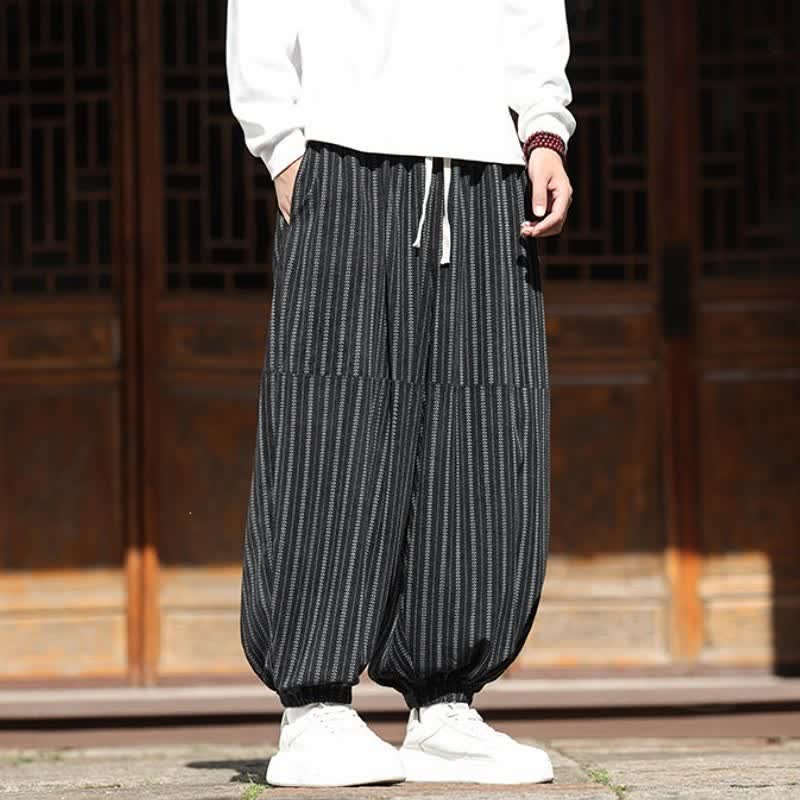 Buddha Stones Pantalon sarouel rayé court à cordon de serrage, style décontracté printemps-automne, en velours côtelé avec poches. - image 1