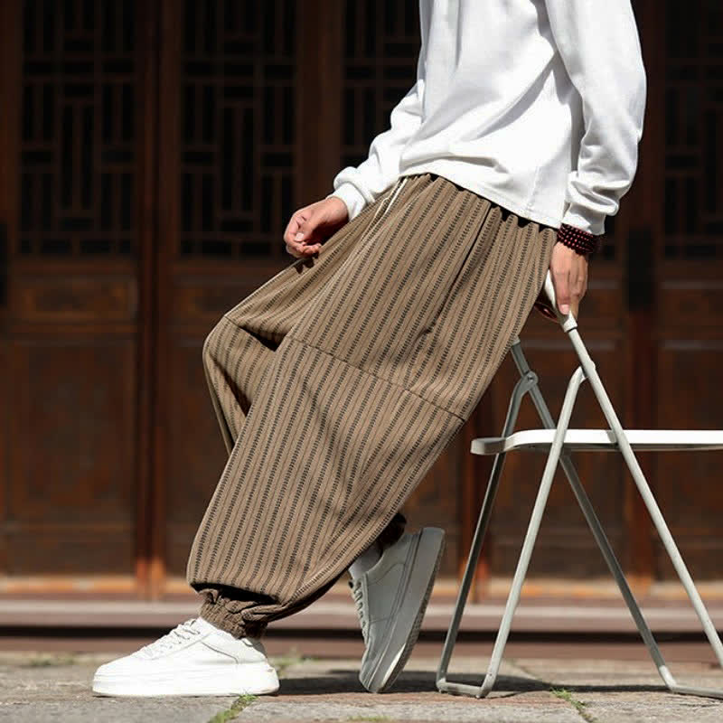 Buddha Stones Pantalon sarouel rayé court à cordon de serrage, style décontracté printemps-automne, en velours côtelé avec poches. - image 24