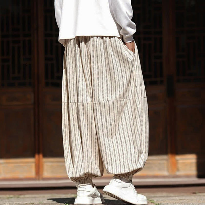 Buddha Stones Pantalon sarouel rayé court à cordon de serrage, style décontracté printemps-automne, en velours côtelé avec poches. - image 28