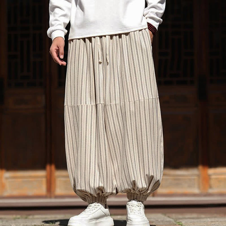 Buddha Stones Pantalon sarouel rayé court à cordon de serrage, style décontracté printemps-automne, en velours côtelé avec poches. - image 31