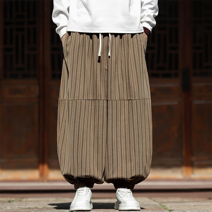 Buddha Stones Pantalon sarouel rayé court à cordon de serrage, style décontracté printemps-automne, en velours côtelé avec poches. - Tanné - US/UK/AU46, EU56 (5XL) - image 17