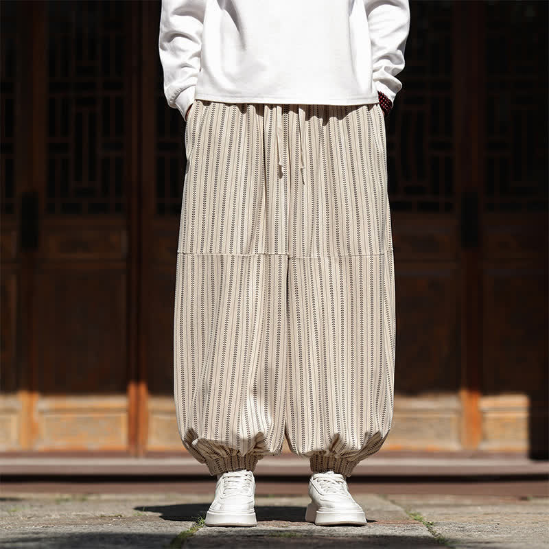 Buddha Stones Pantalon sarouel rayé court à cordon de serrage, style décontracté printemps-automne, en velours côtelé avec poches. - OldLace - US/UK/AU46, EU56 (5XL) - image 25