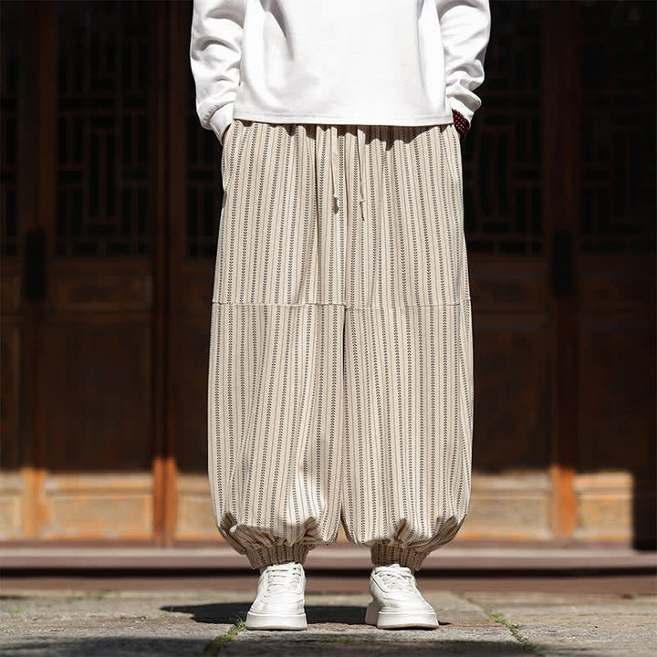 Buddha Stones Pantalon sarouel rayé court à cordon de serrage, style décontracté printemps-automne, en velours côtelé avec poches. - OldLace - US/UK/AU46, EU56 (5XL) - image 25